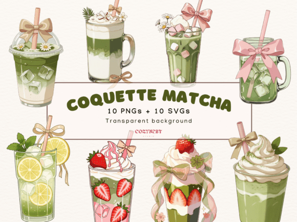 Coquette Matcha Clipart: Cute Pastel Bow Designs