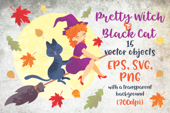 Enchanting Halloween Design: Pretty Witch and Black Cat