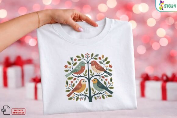 Folk Art Birds Tree Nature PNG: A Scandinavian Woodland Design Asset
