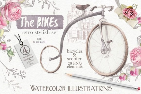 Retro Bikes and Roses: A Watercolor Collection for Creative Projects